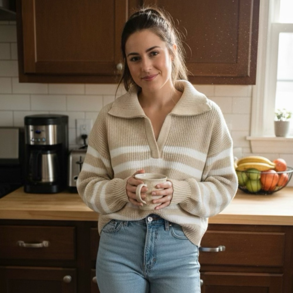 Princess Polly Beige and White V-Neck Sweater